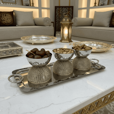 AKDC Elegant Rectangular Serving Tray in Silver Stainless Steel with Gold Accents & 3 Matching Bowls – Perfect for Snacks & Dips – 40 × 15 cm - Al Kabayel Discount CentreAKDC Elegant Rectangular Serving Tray in Silver Stainless Steel with Gold Accents & 3 Matching Bowls – Perfect for Snacks & Dips – 40 × 15 cmServing TraysAKDCAl Kabayel Discount Centre
