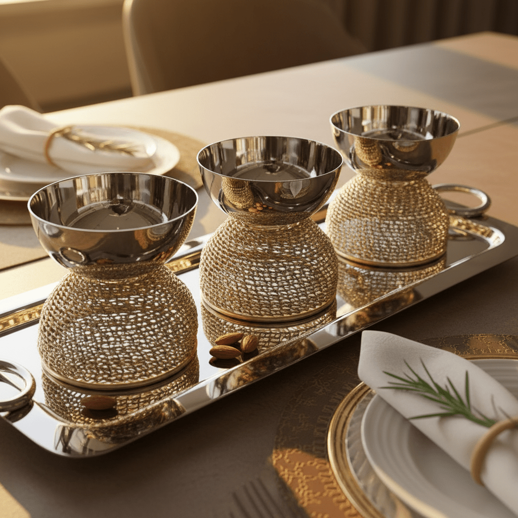 AKDC Elegant Rectangular Serving Tray in Silver Stainless Steel with Gold Accents & 3 Matching Bowls – Perfect for Snacks & Dips – 40 × 15 cm - Al Kabayel Discount CentreAKDC Elegant Rectangular Serving Tray in Silver Stainless Steel with Gold Accents & 3 Matching Bowls – Perfect for Snacks & Dips – 40 × 15 cmServing TraysAKDCAl Kabayel Discount Centre