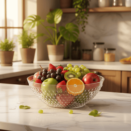 AKDC Elegant Round Clear Acrylic Fruit Bowl for Kitchen Counter, Dining Table and Decorative Display – Premium Finish 25 cm - Al Kabayel Discount CentreAKDC Elegant Round Clear Acrylic Fruit Bowl for Kitchen Counter, Dining Table and Decorative Display – Premium Finish 25 cmBowlsAKDCAl Kabayel Discount Centre