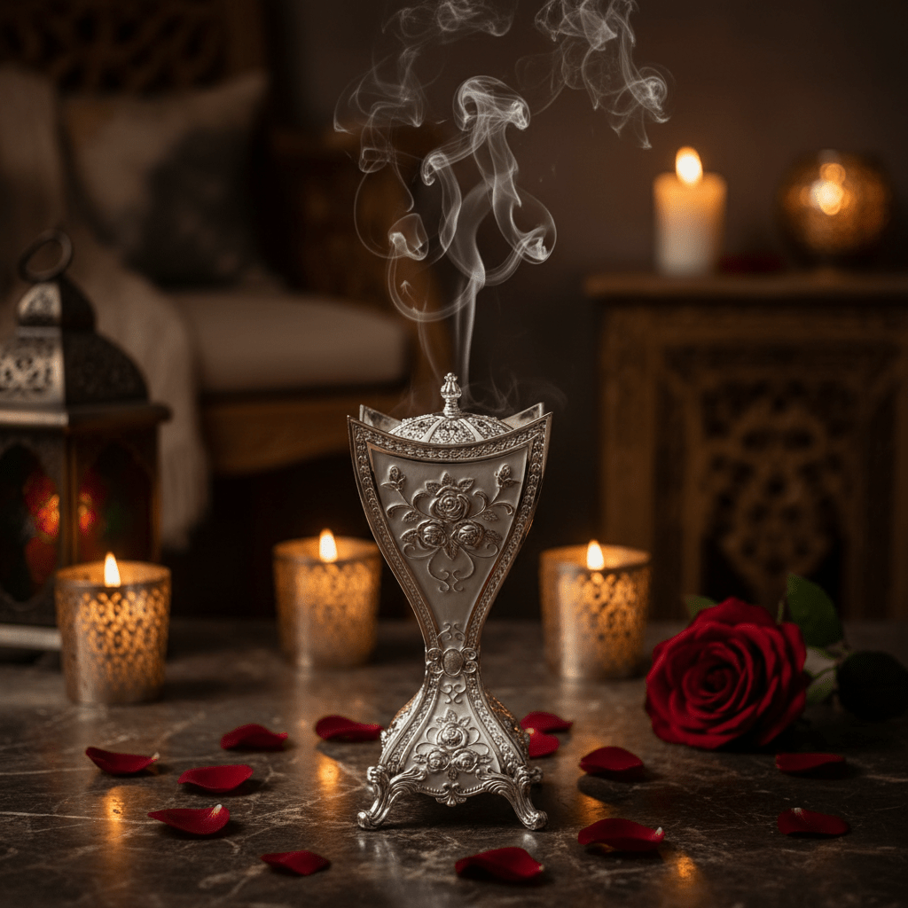 AKDC Elegant Silver & White Metal Bakhoor Incense Burner – Decorative Aroma Burner 22 cm - Al Kabayel Discount CentreAKDC Elegant Silver & White Metal Bakhoor Incense Burner – Decorative Aroma Burner 22 cmIncense BurnerAKDCAl Kabayel Discount Centre
