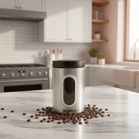 AKDC Elegant Stainless Steel Kitchen Storage Canister with Airtight Black Lid, Modern Countertop Design 1.1L - Al Kabayel Discount CentreAKDC Elegant Stainless Steel Kitchen Storage Canister with Airtight Black Lid, Modern Countertop Design 1.1LJars & Food SaversAKDCAl Kabayel Discount Centre