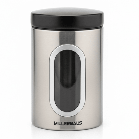 AKDC Elegant Stainless Steel Kitchen Storage Canister with Airtight Black Lid, Modern Countertop Design 1.1L - Al Kabayel Discount CentreAKDC Elegant Stainless Steel Kitchen Storage Canister with Airtight Black Lid, Modern Countertop Design 1.1LJars & Food SaversAKDCAl Kabayel Discount Centre