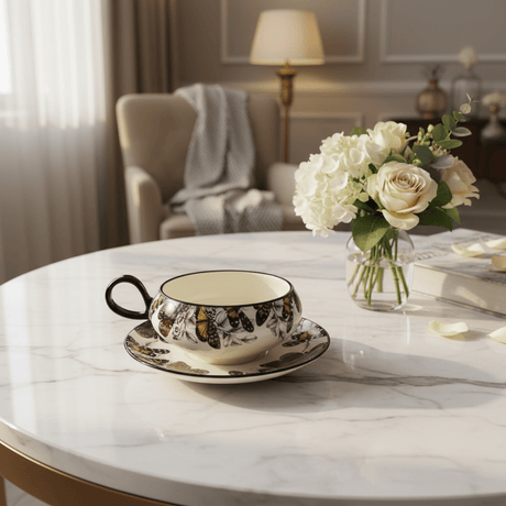 AKDC Elegant White Ceramic Cup & Saucer Set with Artistic Black Butterfly Design, Decorative Drinkware 200ml - Al Kabayel Discount CentreAKDC Elegant White Ceramic Cup & Saucer Set with Artistic Black Butterfly Design, Decorative Drinkware 200mlTea CupsAKDCAl Kabayel Discount Centre