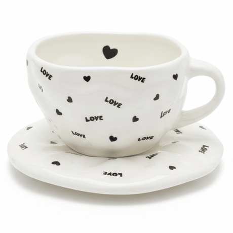 AKDC Elegant White Ceramic Cup & Saucer Set with Romantic Love Text Print, Stylish Coffee & Tea Cup 200ml - Al Kabayel Discount CentreAKDC Elegant White Ceramic Cup & Saucer Set with Romantic Love Text Print, Stylish Coffee & Tea Cup 200mlTea CupsAKDCAl Kabayel Discount Centre
