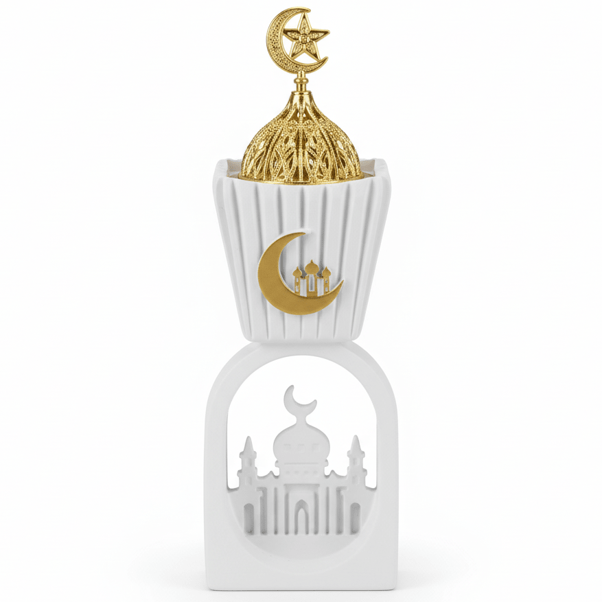 AKDC Elegant White Ceramic Incense Burner with Shiny Gold Lid – Luxury Decorative Aromatherapy Accessory – 20 cm - Al Kabayel Discount CentreAKDC Elegant White Ceramic Incense Burner with Shiny Gold Lid – Luxury Decorative Aromatherapy Accessory – 20 cmCeramic Incense BurnerAKDCAl Kabayel Discount Centre