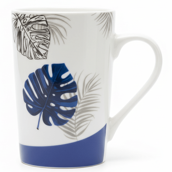 AKDC Elegant White Ceramic Mug with Blue Leaf Design for Coffee, Tea & Beverage Serving – 250ml - Al Kabayel Discount CentreAKDC Elegant White Ceramic Mug with Blue Leaf Design for Coffee, Tea & Beverage Serving – 250mlMugsAKDCAl Kabayel Discount Centre