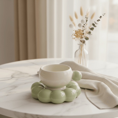 AKDC Elegant White Ceramic Mug with Green Handle & Matching Saucer for Tea & Coffee 250ml - Al Kabayel Discount CentreAKDC Elegant White Ceramic Mug with Green Handle & Matching Saucer for Tea & Coffee 250mlMugsAKDCAl Kabayel Discount Centre