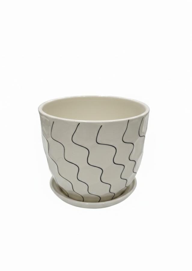 AKDC Elegant White Ceramic Pot with Artistic Black Wave Line Design – 15×17 cm - Al Kabayel Discount CentreAKDC Elegant White Ceramic Pot with Artistic Black Wave Line Design – 15×17 cmFlower/Plant PotsAKDCAl Kabayel Discount Centre