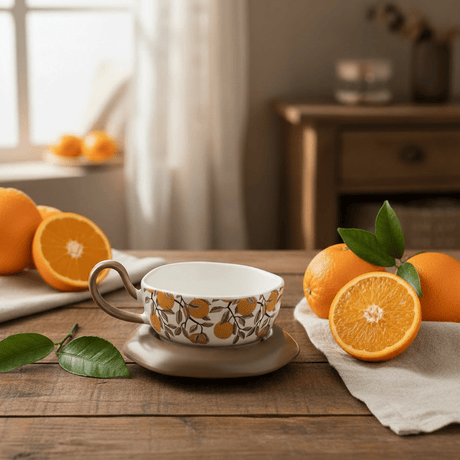 AKDC Elegant White Ceramic Tea Cup with Orange Fruit Print & Taupe Saucer, Modern Tea Set 200ml - Al Kabayel Discount CentreAKDC Elegant White Ceramic Tea Cup with Orange Fruit Print & Taupe Saucer, Modern Tea Set 200mlTea CupsAKDCAl Kabayel Discount Centre