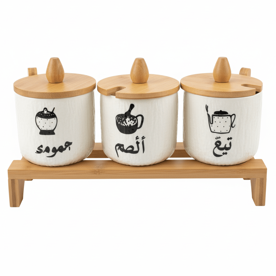 AKDC EliteStore 3 - Piece White Ceramic Canister Set with Elegant Wooden Base & Lid Premium Organizer 30×10cm - Al Kabayel Discount CentreAKDC EliteStore 3 - Piece White Ceramic Canister Set with Elegant Wooden Base & Lid Premium Organizer 30×10cmJars & Food SaversAKDCAl Kabayel Discount Centre