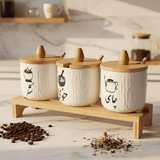 AKDC EliteStore 3 - Piece White Ceramic Canister Set with Elegant Wooden Base & Lid Premium Organizer 30×10cm - Al Kabayel Discount CentreAKDC EliteStore 3 - Piece White Ceramic Canister Set with Elegant Wooden Base & Lid Premium Organizer 30×10cmJars & Food SaversAKDCAl Kabayel Discount Centre