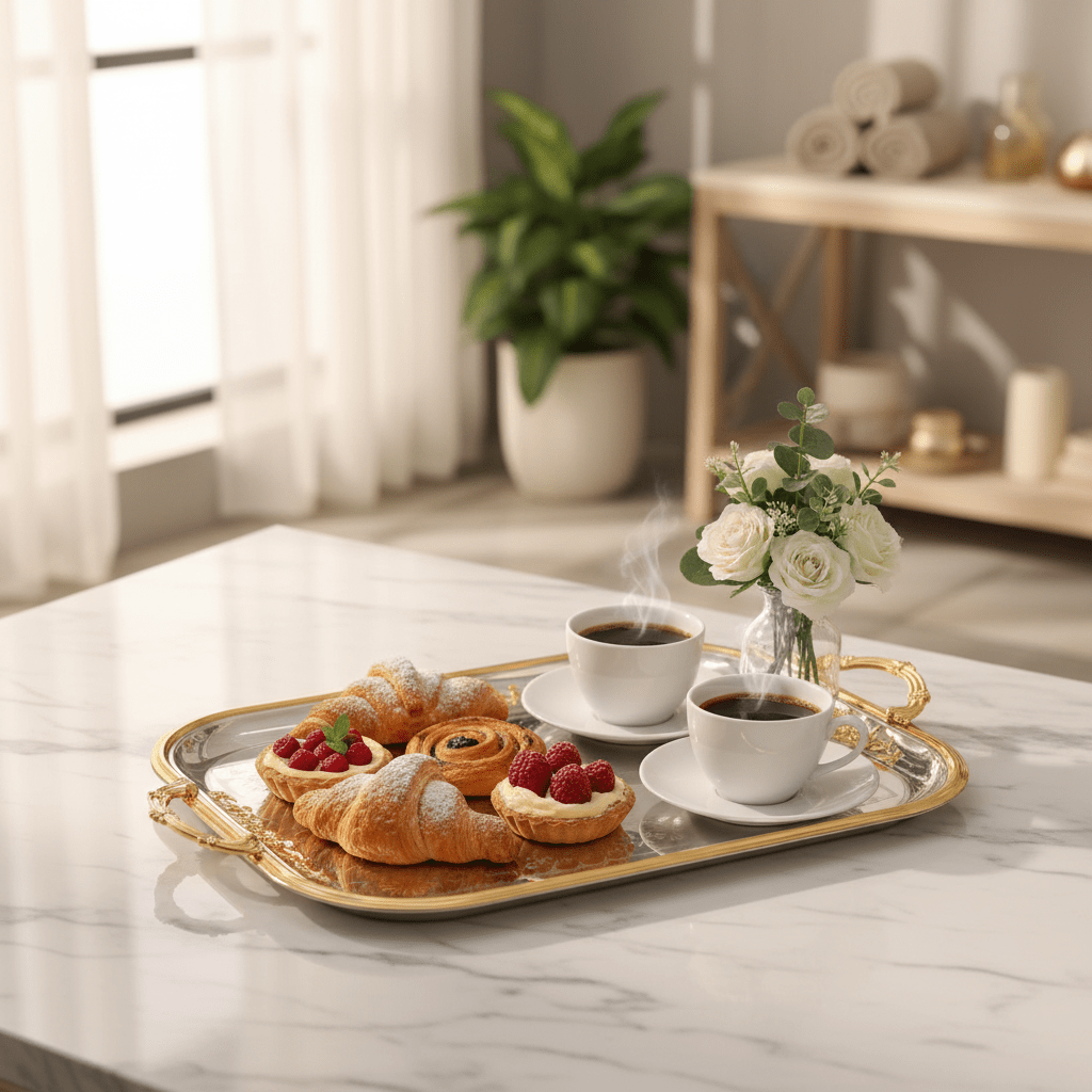 AKDC Extra Large Rectangular Stainless Steel Serving Tray with Stylish Gold Trim and Handles, Premium Multipurpose Serving Tray for Tea, Coffee, Snacks & Meals – 45 × 35 cm - Al Kabayel Discount CentreAKDC Extra Large Rectangular Stainless Steel Serving Tray with Stylish Gold Trim and Handles, Premium Multipurpose Serving Tray for Tea, Coffee, Snacks & Meals – 45 × 35 cmServing TraysAKDCAl Kabayel Discount Centre