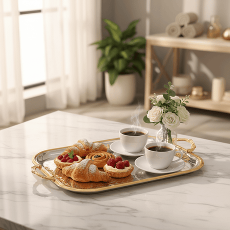 AKDC Extra Large Rectangular Stainless Steel Serving Tray with Stylish Gold Trim and Handles, Premium Multipurpose Serving Tray for Tea, Coffee, Snacks & Meals – 45 × 35 cm - Al Kabayel Discount CentreAKDC Extra Large Rectangular Stainless Steel Serving Tray with Stylish Gold Trim and Handles, Premium Multipurpose Serving Tray for Tea, Coffee, Snacks & Meals – 45 × 35 cmServing TraysAKDCAl Kabayel Discount Centre