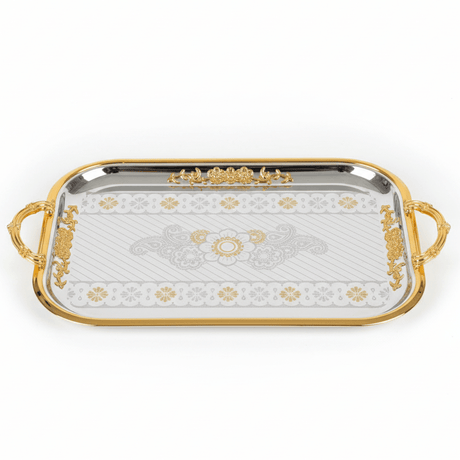 AKDC Extra Large Rectangular Stainless Steel Serving Tray with Stylish Gold Trim and Handles, Premium Multipurpose Serving Tray for Tea, Coffee, Snacks & Meals – 45 × 35 cm - Al Kabayel Discount CentreAKDC Extra Large Rectangular Stainless Steel Serving Tray with Stylish Gold Trim and Handles, Premium Multipurpose Serving Tray for Tea, Coffee, Snacks & Meals – 45 × 35 cmServing TraysAKDCAl Kabayel Discount Centre
