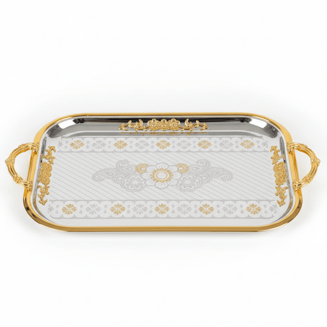 AKDC Extra Large Rectangular Stainless Steel Serving Tray with Stylish Gold Trim and Handles, Premium Multipurpose Serving Tray for Tea, Coffee, Snacks & Meals – 45 × 35 cm - Al Kabayel Discount CentreAKDC Extra Large Rectangular Stainless Steel Serving Tray with Stylish Gold Trim and Handles, Premium Multipurpose Serving Tray for Tea, Coffee, Snacks & Meals – 45 × 35 cmServing TraysAKDCAl Kabayel Discount Centre