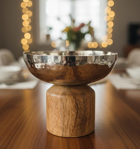 AKDC Extra Small Metal & Wooden Serving Bowl 15x12 cm – Silver with Natural Wood Finish Decorative Mini Bowl for Snacks & Sweets - Al Kabayel Discount CentreAKDC Extra Small Metal & Wooden Serving Bowl 15x12 cm – Silver with Natural Wood Finish Decorative Mini Bowl for Snacks & SweetsServeware SetsAKDCAl Kabayel Discount Centre