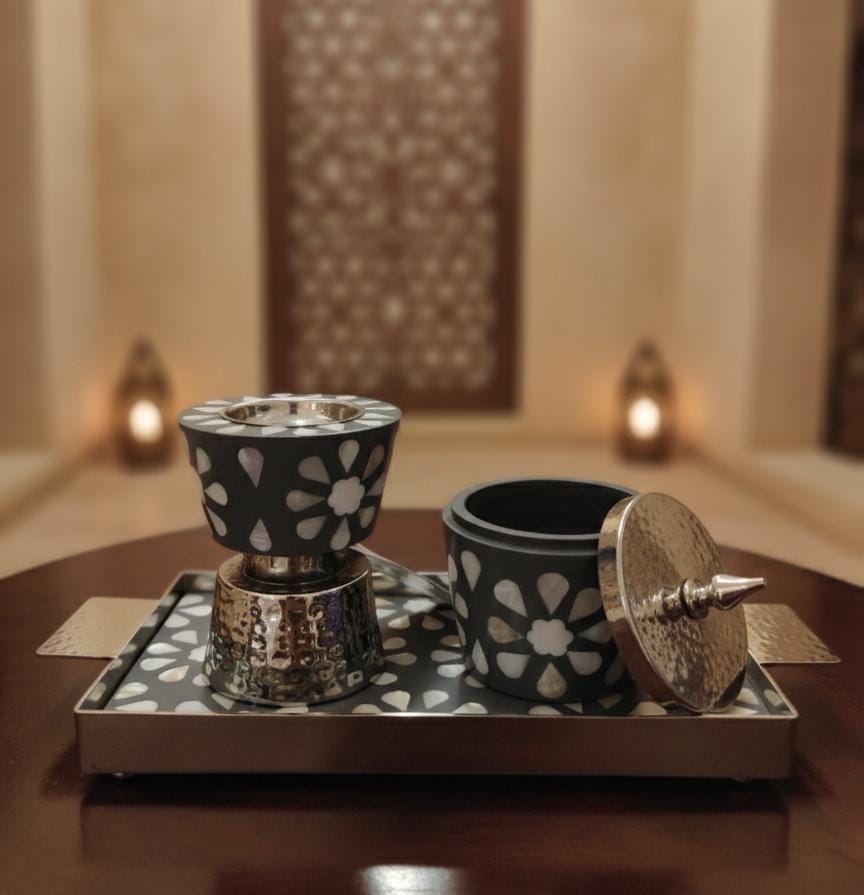 AKDC Flower Design Metal & Wooden Incense Burner with Container & Tray 35x16 cm – Silver & Black Premium Decorative Aroma Diffuser - Al Kabayel Discount CentreAKDC Flower Design Metal & Wooden Incense Burner with Container & Tray 35x16 cm – Silver & Black Premium Decorative Aroma DiffuserWooden Incense BurnerAKDCAl Kabayel Discount Centre