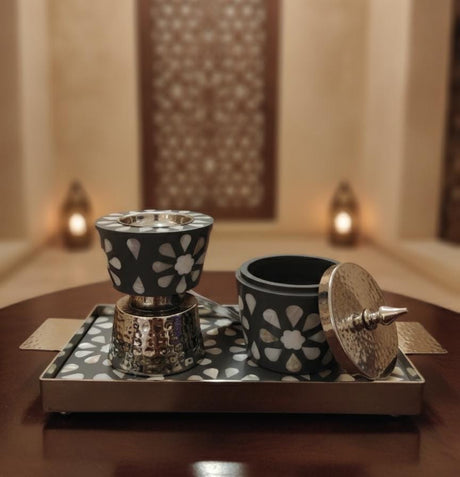 AKDC Flower Design Metal & Wooden Incense Burner with Container & Tray 35x16 cm – Silver & Black Premium Decorative Aroma Diffuser - Al Kabayel Discount CentreAKDC Flower Design Metal & Wooden Incense Burner with Container & Tray 35x16 cm – Silver & Black Premium Decorative Aroma DiffuserWooden Incense BurnerAKDCAl Kabayel Discount Centre