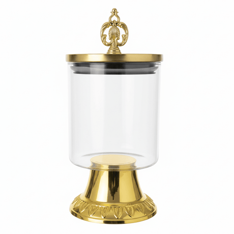 AKDC Footed Glass Storage Jar with Metal Base – Luxury Display Jar for Candy Snacks & Kitchen Storage – 18x10 cm - Al Kabayel Discount CentreAKDC Footed Glass Storage Jar with Metal Base – Luxury Display Jar for Candy Snacks & Kitchen Storage – 18x10 cmJars & Food SaversAKDCAl Kabayel Discount Centre