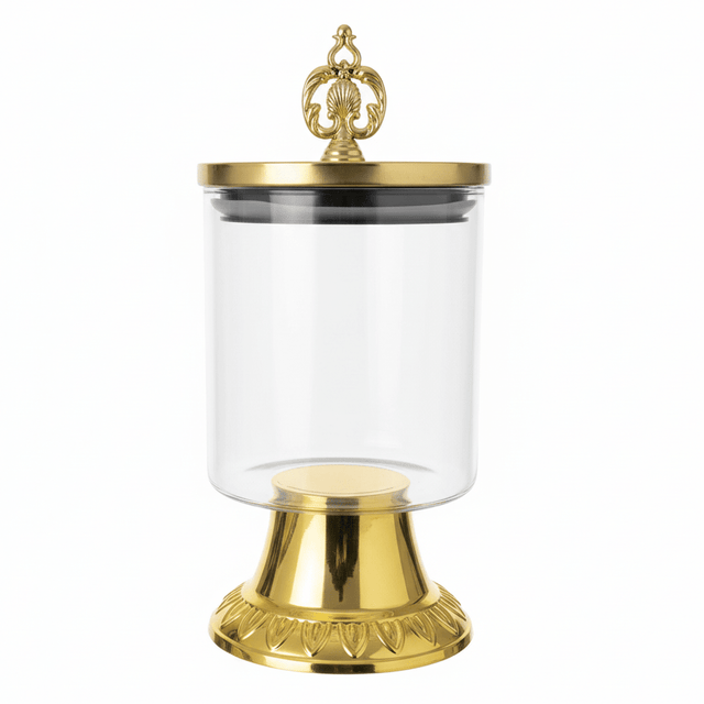 AKDC Footed Glass Storage Jar with Metal Base – Luxury Display Jar for Candy Snacks & Kitchen Storage – 18x10 cm - Al Kabayel Discount CentreAKDC Footed Glass Storage Jar with Metal Base – Luxury Display Jar for Candy Snacks & Kitchen Storage – 18x10 cmJars & Food SaversAKDCAl Kabayel Discount Centre