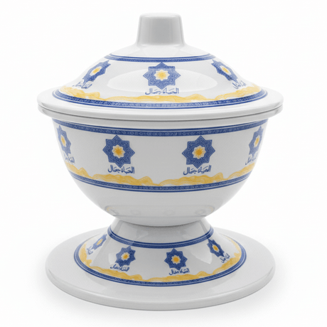 AKDC Footed Melamine Bowl with Lid – Arabic Art Design, Elegant Serving Bowl for Dining Table & Kitchen (16 × 12 cm) - Al Kabayel Discount CentreAKDC Footed Melamine Bowl with Lid – Arabic Art Design, Elegant Serving Bowl for Dining Table & Kitchen (16 × 12 cm)BowlsAKDCAl Kabayel Discount Centre