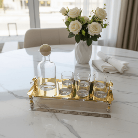AKDC Glass Beverage Set with Gold Metal Holder 45×20 cm Elegant Drink Serving Set for Guests - Al Kabayel Discount CentreAKDC Glass Beverage Set with Gold Metal Holder 45×20 cm Elegant Drink Serving Set for GuestsOrganizers & AccessoriesAKDCAl Kabayel Discount Centre