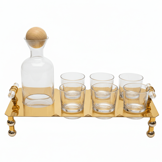 AKDC Glass Beverage Set with Gold Metal Holder 45×20 cm Elegant Drink Serving Set for Guests - Al Kabayel Discount CentreAKDC Glass Beverage Set with Gold Metal Holder 45×20 cm Elegant Drink Serving Set for GuestsOrganizers & AccessoriesAKDCAl Kabayel Discount Centre