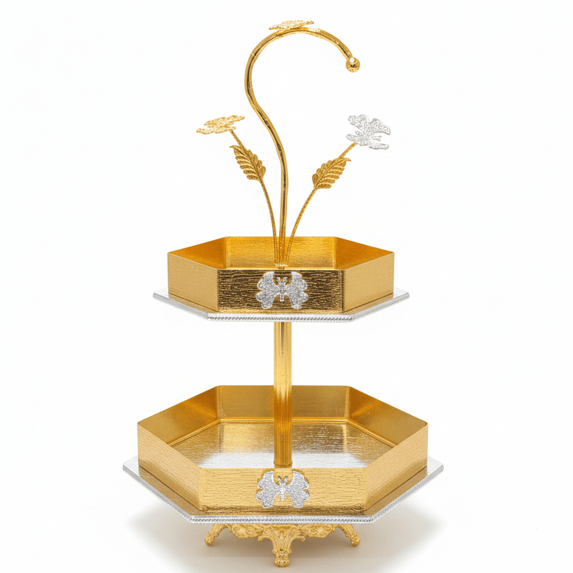 AKDC Gold 2 Tier Serving Tray Stand Elegant Dessert Display Rack for Cakes Fruits and Party Serving 50 x 30 cm - Al Kabayel Discount CentreAKDC Gold 2 Tier Serving Tray Stand Elegant Dessert Display Rack for Cakes Fruits and Party Serving 50 x 30 cmServing TraysAKDCAl Kabayel Discount Centre