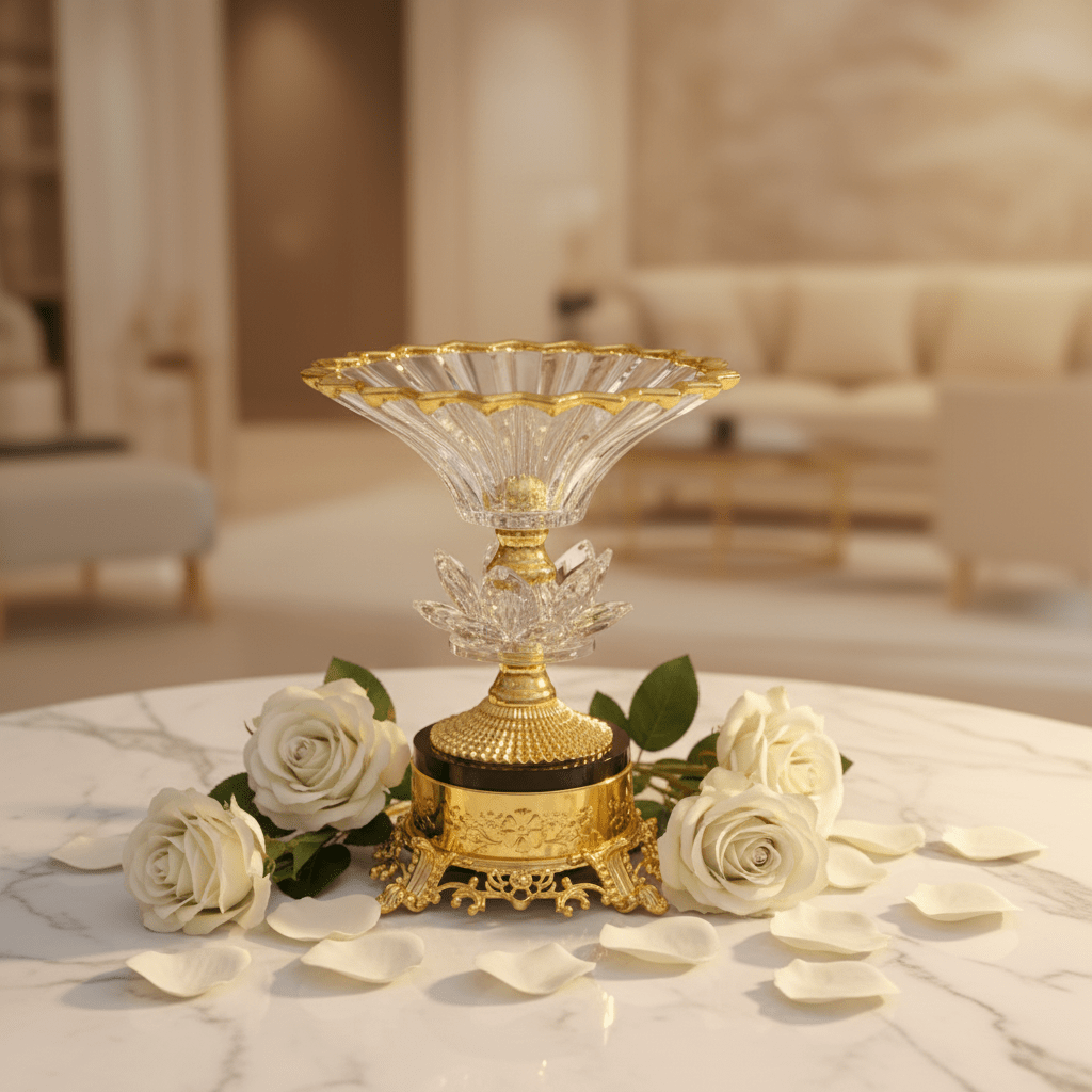AKDC Gold Base Footed Glass Fruit Bowl – Decorative Serving Bowl for Fruits & Center Table Display – 20×15 cm - Al Kabayel Discount CentreAKDC Gold Base Footed Glass Fruit Bowl – Decorative Serving Bowl for Fruits & Center Table Display – 20×15 cmBowlsAKDCAl Kabayel Discount Centre
