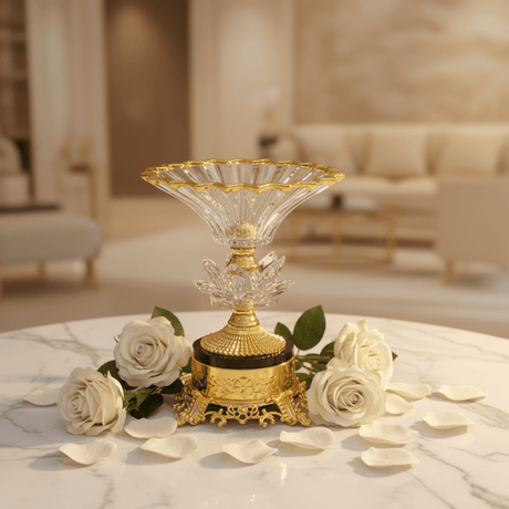 AKDC Gold Base Footed Glass Fruit Bowl – Decorative Serving Bowl for Fruits & Center Table Display – 20×15 cm - Al Kabayel Discount CentreAKDC Gold Base Footed Glass Fruit Bowl – Decorative Serving Bowl for Fruits & Center Table Display – 20×15 cmBowlsAKDCAl Kabayel Discount Centre