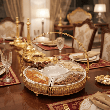 AKDC Gold Candy Tray with 3 Sections and Bowl Luxury Serving Set for Snacks Sweets and Dry Fruits 35 cm - Al Kabayel Discount CentreAKDC Gold Candy Tray with 3 Sections and Bowl Luxury Serving Set for Snacks Sweets and Dry Fruits 35 cmServing TraysAKDCAl Kabayel Discount Centre
