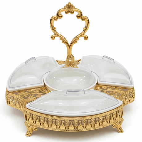 AKDC Gold Candy Tray with 3 Sections and Bowl Luxury Serving Set for Snacks Sweets and Dry Fruits 35 cm - Al Kabayel Discount CentreAKDC Gold Candy Tray with 3 Sections and Bowl Luxury Serving Set for Snacks Sweets and Dry Fruits 35 cmServing TraysAKDCAl Kabayel Discount Centre