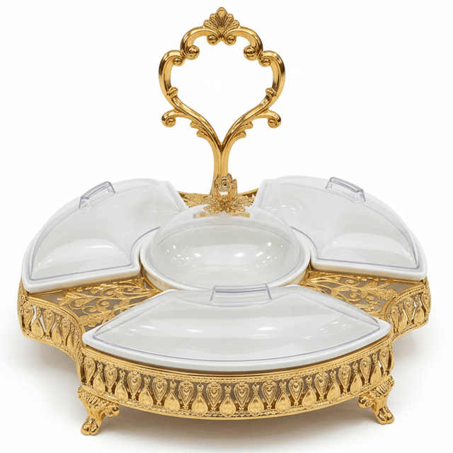 AKDC Gold Candy Tray with 3 Sections and Bowl Luxury Serving Set for Snacks Sweets and Dry Fruits 35 cm - Al Kabayel Discount CentreAKDC Gold Candy Tray with 3 Sections and Bowl Luxury Serving Set for Snacks Sweets and Dry Fruits 35 cmServing TraysAKDCAl Kabayel Discount Centre