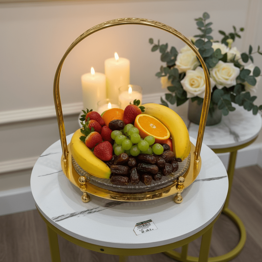 AKDC Gold Fruit Basket with Glass Plate Decorative Serving Basket for Fruits Snacks and Table Centerpiece 35 x 25 cm - Al Kabayel Discount CentreAKDC Gold Fruit Basket with Glass Plate Decorative Serving Basket for Fruits Snacks and Table Centerpiece 35 x 25 cmServing TraysAKDCAl Kabayel Discount Centre