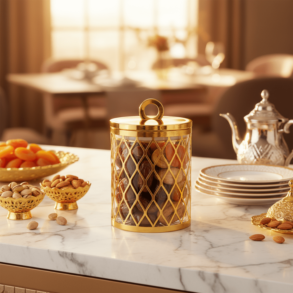 AKDC Gold Pattern Acrylic Storage Canister with Lid for Dry Food Storage 14 × 10 cm - Al Kabayel Discount CentreAKDC Gold Pattern Acrylic Storage Canister with Lid for Dry Food Storage 14 × 10 cmJars & Food SaversAKDCAl Kabayel Discount Centre