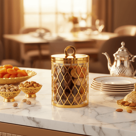 AKDC Gold Pattern Acrylic Storage Canister with Lid for Dry Food Storage 14 × 10 cm - Al Kabayel Discount CentreAKDC Gold Pattern Acrylic Storage Canister with Lid for Dry Food Storage 14 × 10 cmJars & Food SaversAKDCAl Kabayel Discount Centre