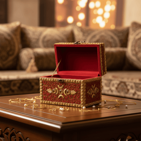 AKDC Golden and Red Wooden Jewellery Box with Antique Style Brass Latch, Decorative Organizer (7 inch) - Al Kabayel Discount CentreAKDC Golden and Red Wooden Jewellery Box with Antique Style Brass Latch, Decorative Organizer (7 inch)Organizers & AccessoriesAKDCAl Kabayel Discount Centre