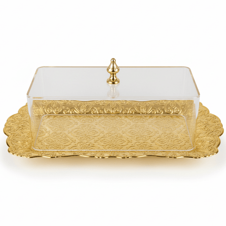 AKDC GoldServe Premium Golden Rectangular Metal Snack Plate with Clear Acrylic Lid Serving Dish 28×16cm - Al Kabayel Discount CentreAKDC GoldServe Premium Golden Rectangular Metal Snack Plate with Clear Acrylic Lid Serving Dish 28×16cmServing TraysAKDCAl Kabayel Discount Centre