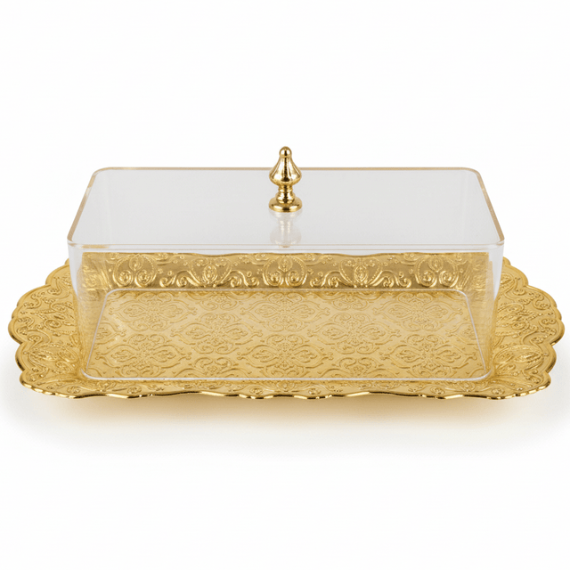 AKDC GoldServe Premium Golden Rectangular Metal Snack Plate with Clear Acrylic Lid Serving Dish 28×16cm - Al Kabayel Discount CentreAKDC GoldServe Premium Golden Rectangular Metal Snack Plate with Clear Acrylic Lid Serving Dish 28×16cmServing TraysAKDCAl Kabayel Discount Centre