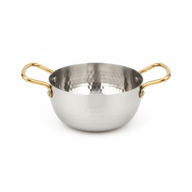 AKDC Hammered Stainless Steel Round Soup Pot With Gold Handle - 16cm - Al Kabayel Discount CentreAKDC Hammered Stainless Steel Round Soup Pot With Gold Handle - 16cmCasseroles & Stock PotsAKDCAl Kabayel Discount Centre