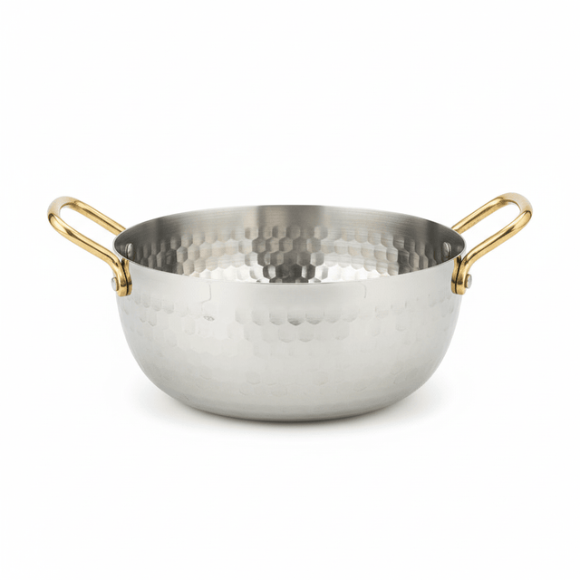 AKDC Hammered Stainless Steel Round Soup Pot With Gold Handle - 20cm - Al Kabayel Discount CentreAKDC Hammered Stainless Steel Round Soup Pot With Gold Handle - 20cmCasseroles & Stock PotsAKDCAl Kabayel Discount Centre