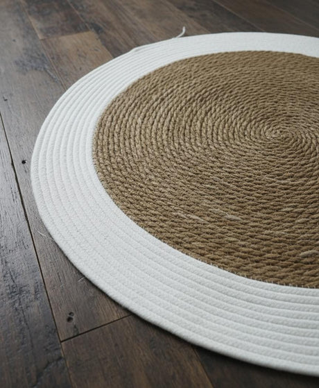 AKDC Handcrafted Round Rattan Rug 80cm – Rattan & White Color Blend, Modern Decorative Floor Mat for Living Room - Al Kabayel Discount CentreAKDC Handcrafted Round Rattan Rug 80cm – Rattan & White Color Blend, Modern Decorative Floor Mat for Living RoomDoormatsAKDCAl Kabayel Discount Centre