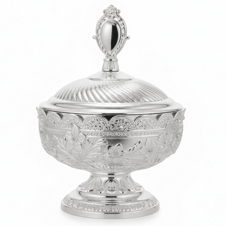 AKDC Heritage Silver Sugar Pot | Embossed Floral Metal & Glass | 12×9cm - Al Kabayel Discount CentreAKDC Heritage Silver Sugar Pot | Embossed Floral Metal & Glass | 12×9cmJars & Food SaversAKDCAl Kabayel Discount Centre