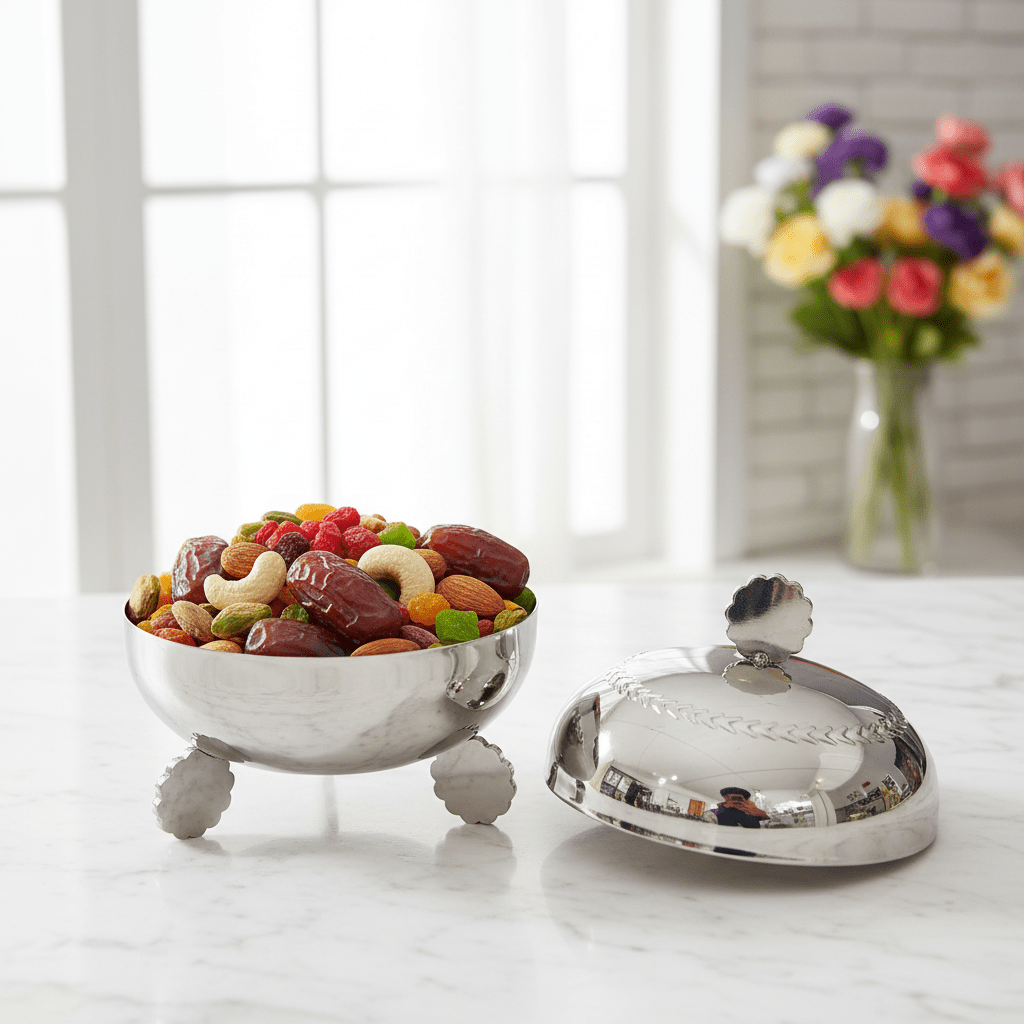 AKDC High - Grade Stainless Steel Dates Bowl with Lid for Serving Dry Fruits, Nuts & Snacks – 12 cm - Al Kabayel Discount CentreAKDC High - Grade Stainless Steel Dates Bowl with Lid for Serving Dry Fruits, Nuts & Snacks – 12 cmBowlsAKDCAl Kabayel Discount Centre
