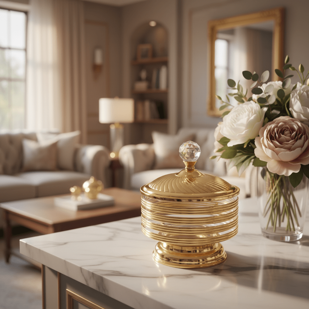 AKDC Imperial Gold Candy Pot | Ribbed Metal & Crystal Glass Jar with Lid | 25×18cm - Al Kabayel Discount CentreAKDC Imperial Gold Candy Pot | Ribbed Metal & Crystal Glass Jar with Lid | 25×18cmJars & Food SaversAKDCAl Kabayel Discount Centre