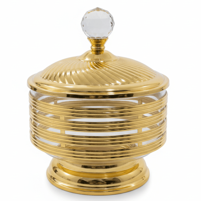 AKDC Imperial Gold Candy Pot | Ribbed Metal & Crystal Glass Jar with Lid | 25×18cm - Al Kabayel Discount CentreAKDC Imperial Gold Candy Pot | Ribbed Metal & Crystal Glass Jar with Lid | 25×18cmJars & Food SaversAKDCAl Kabayel Discount Centre