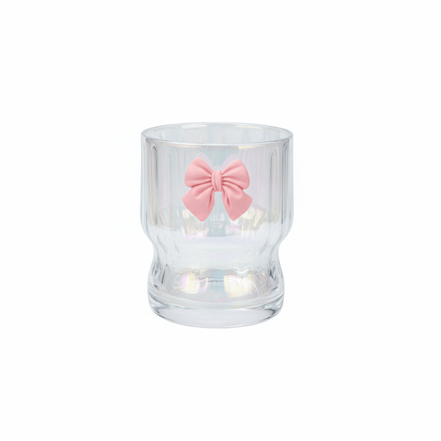 AKDC Iridescent Ribbed Glass Tumbler with Pink Bow Detail | 310ml | Drinkware - Al Kabayel Discount CentreAKDC Iridescent Ribbed Glass Tumbler with Pink Bow Detail | 310ml | DrinkwareTumblersAKDCAl Kabayel Discount Centre