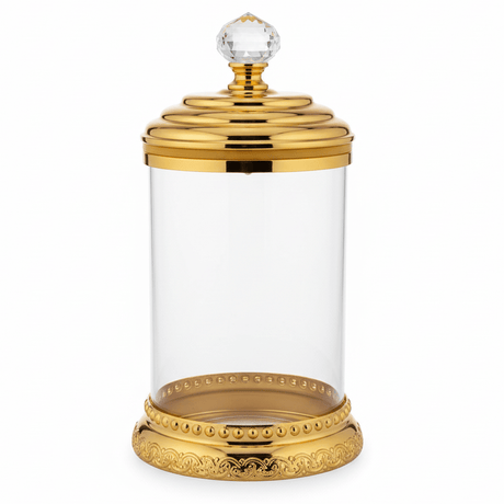 AKDC Large Glass Sugar Jar with Gold Lid & Stand – Elegant Kitchen & Table Storage Solution – 30x12 cm - Al Kabayel Discount CentreAKDC Large Glass Sugar Jar with Gold Lid & Stand – Elegant Kitchen & Table Storage Solution – 30x12 cmJars & Food SaversAKDCAl Kabayel Discount Centre
