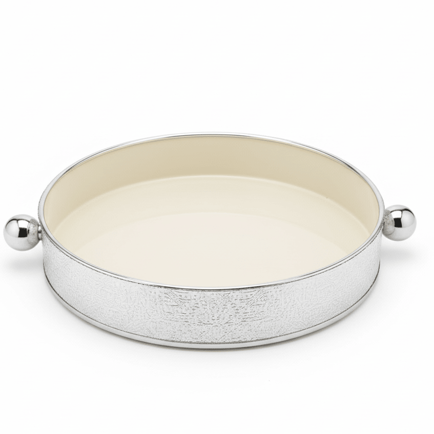 AKDC Large Luxury Silver & Cream Round Candy Pot – Decorative Metal Serving Bowl for Dates Chocolates & Snacks – Perfect Table Display Piece – 26 cm - Al Kabayel Discount CentreAKDC Large Luxury Silver & Cream Round Candy Pot – Decorative Metal Serving Bowl for Dates Chocolates & Snacks – Perfect Table Display Piece – 26 cmServing TraysAKDCAl Kabayel Discount Centre