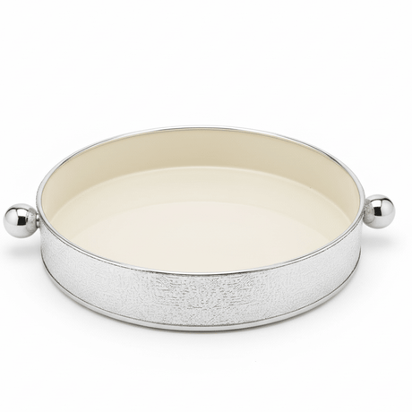 AKDC Large Luxury Silver & Cream Round Candy Pot – Decorative Metal Serving Bowl for Dates Chocolates & Snacks – Perfect Table Display Piece – 26 cm - Al Kabayel Discount CentreAKDC Large Luxury Silver & Cream Round Candy Pot – Decorative Metal Serving Bowl for Dates Chocolates & Snacks – Perfect Table Display Piece – 26 cmServing TraysAKDCAl Kabayel Discount Centre